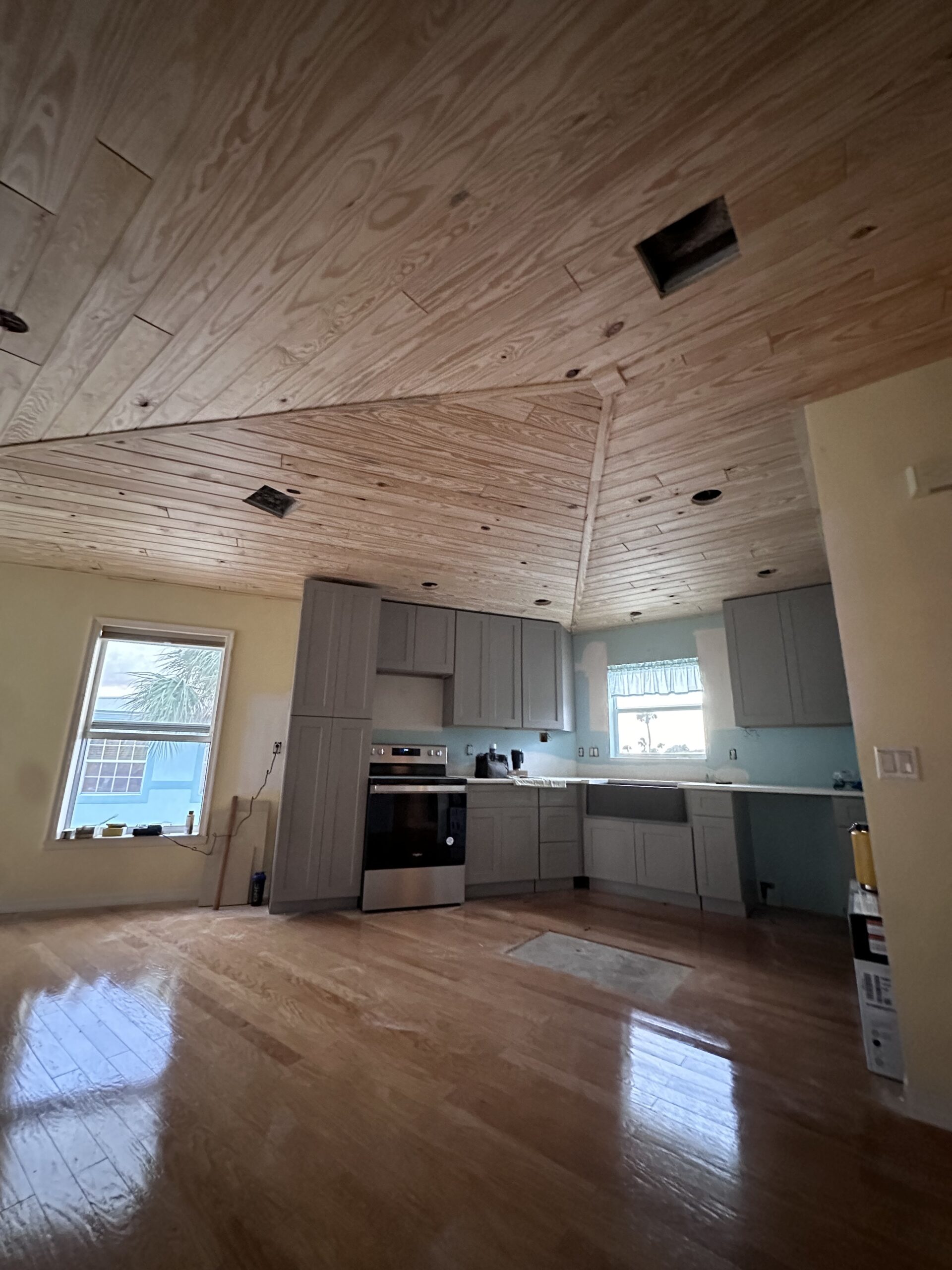 Newly updated kitchen with tongue and groove ceiling